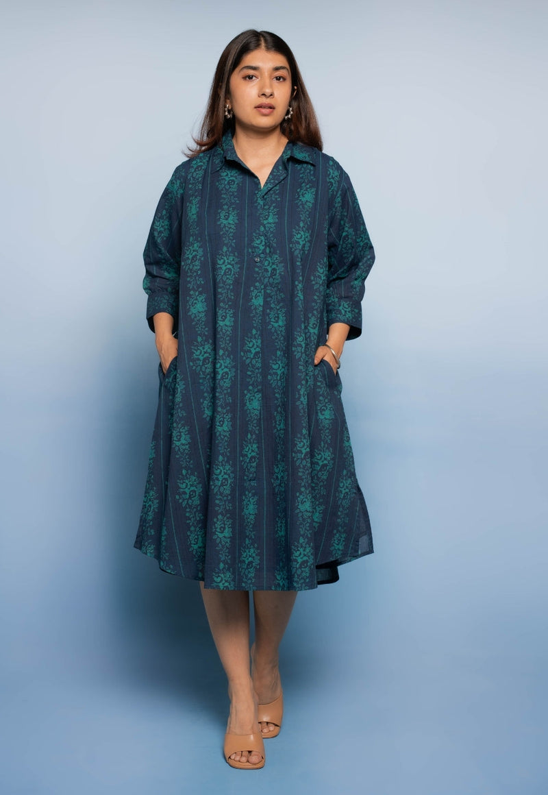 Ridah Blue Dabu Mul Cotton A Line Dress