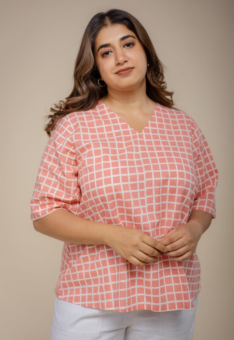 Saiya Red Hand Block Print Slub Cotton Straight Short Top