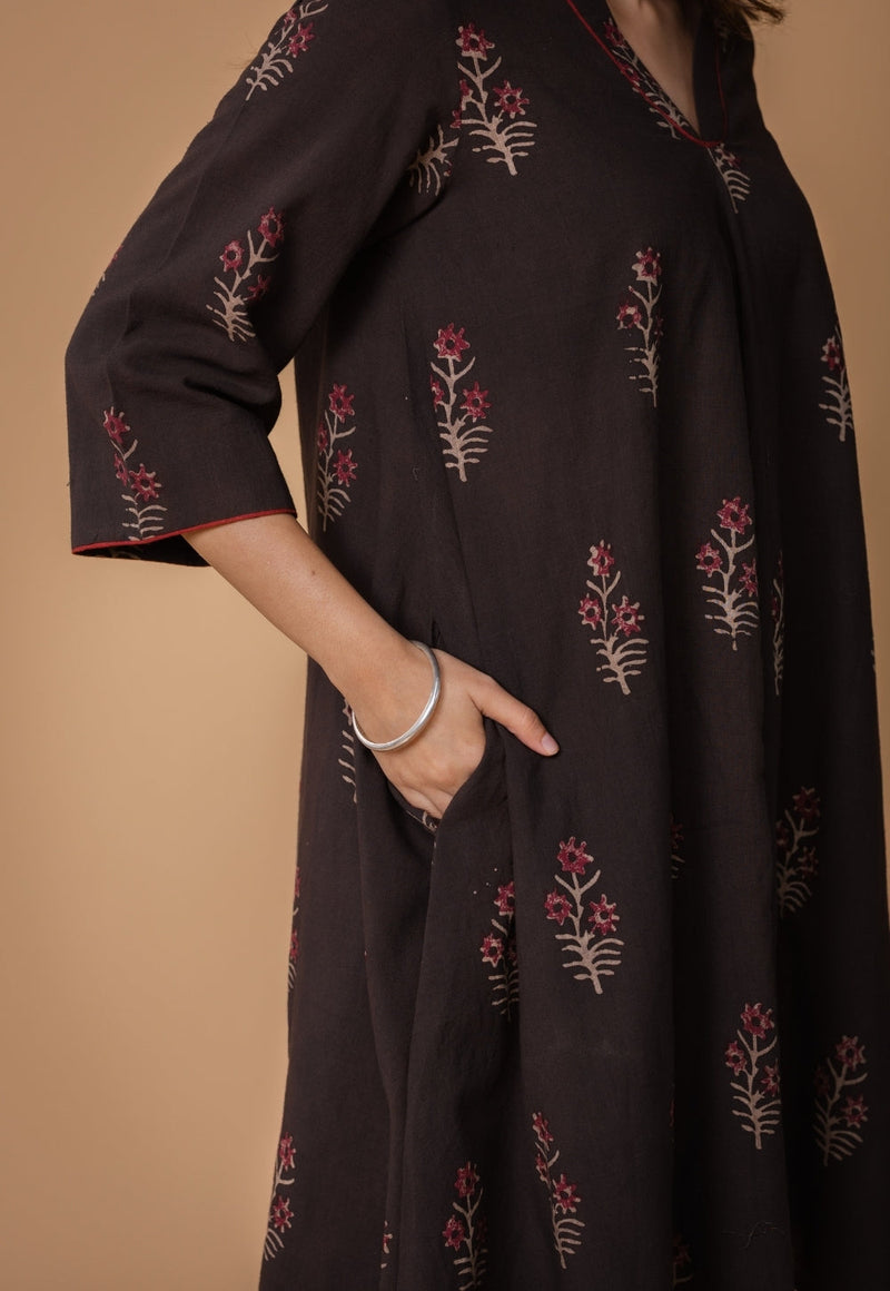 Amairaa Brown Dabu Slub Cotton A Line Kurta