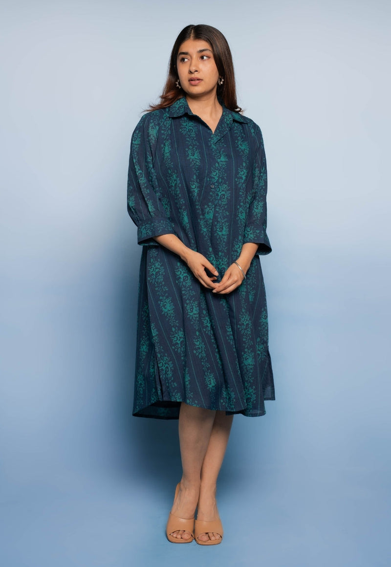 Ridah Blue Dabu Mul Cotton A Line Dress