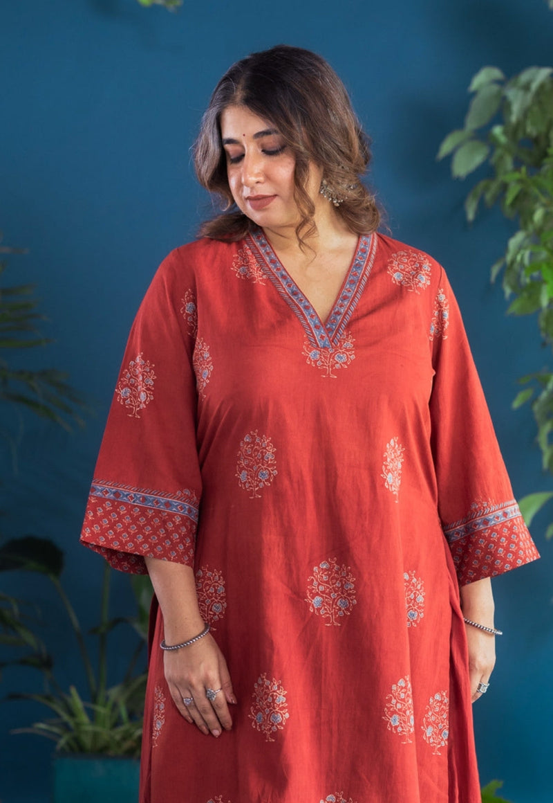 Zeenat Red Ajrakh Cotton Straight Kurta