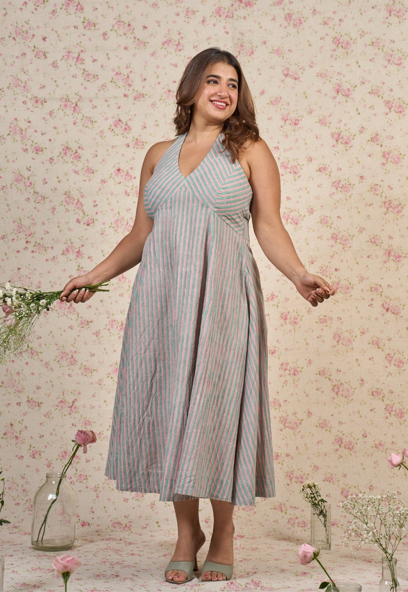 Ada Blue Stripes Sanganeri Mul Cotton A Line Dress