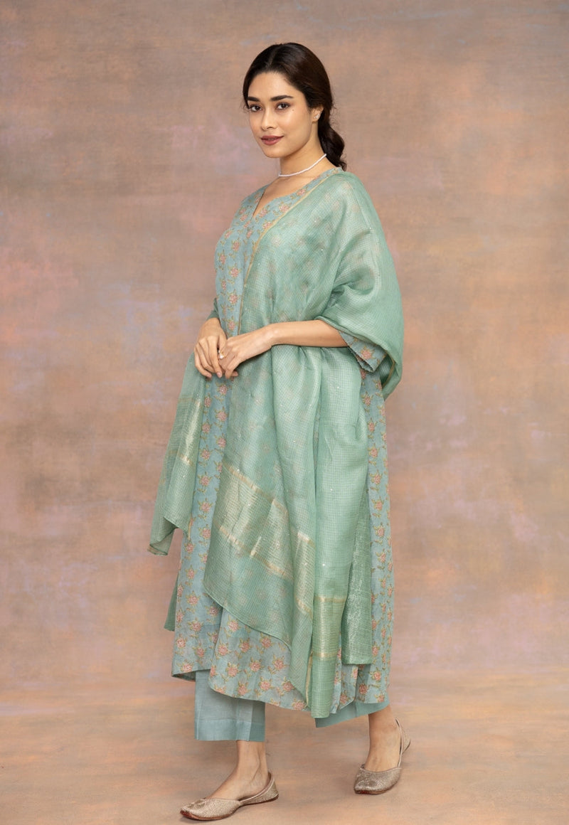 Rosalia Blue Sanganeri Chanderi Silk A Line Kurta with Hand Embroidery, Mukaish Detailing and Slip