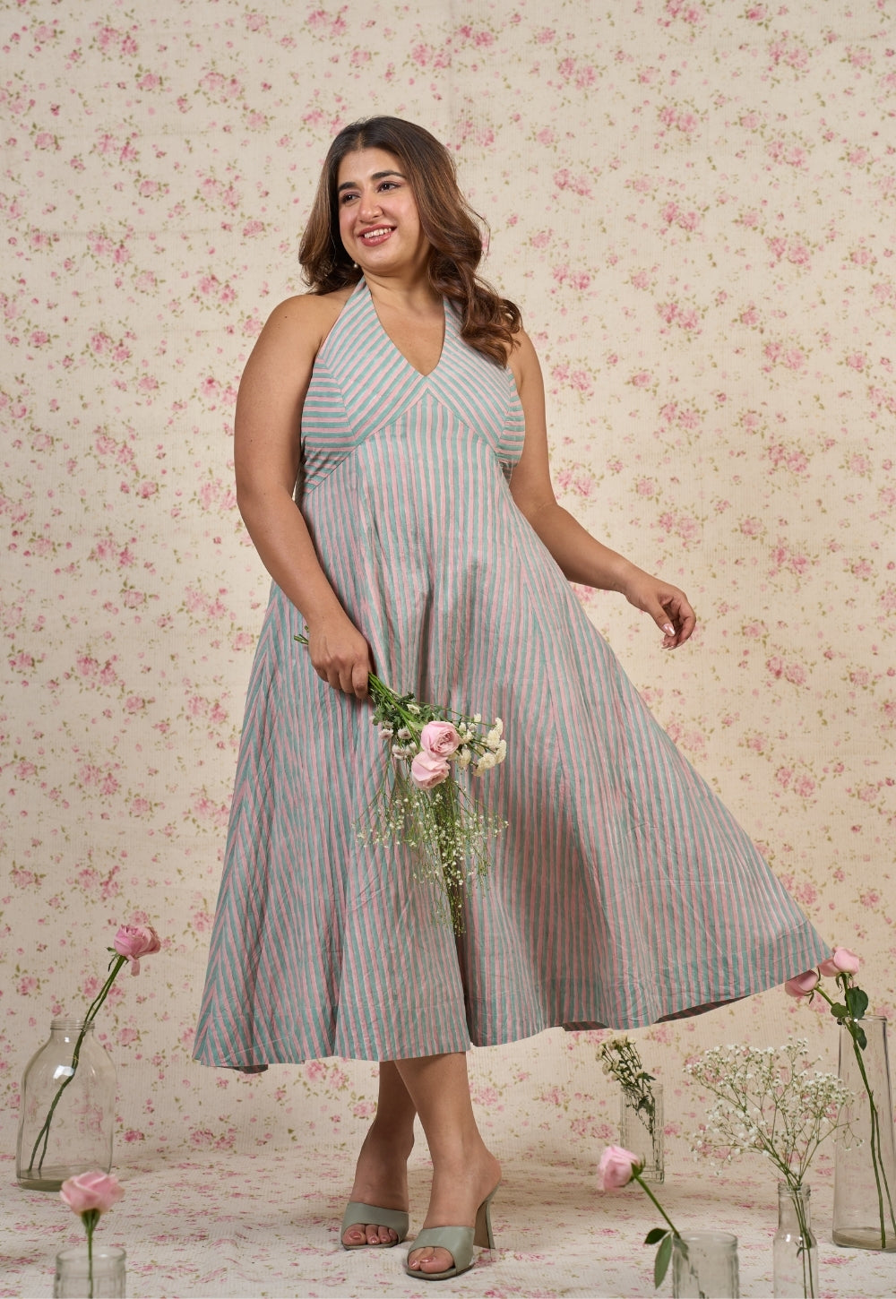 Ada Blue Stripes Sanganeri Mul Cotton A Line Dress