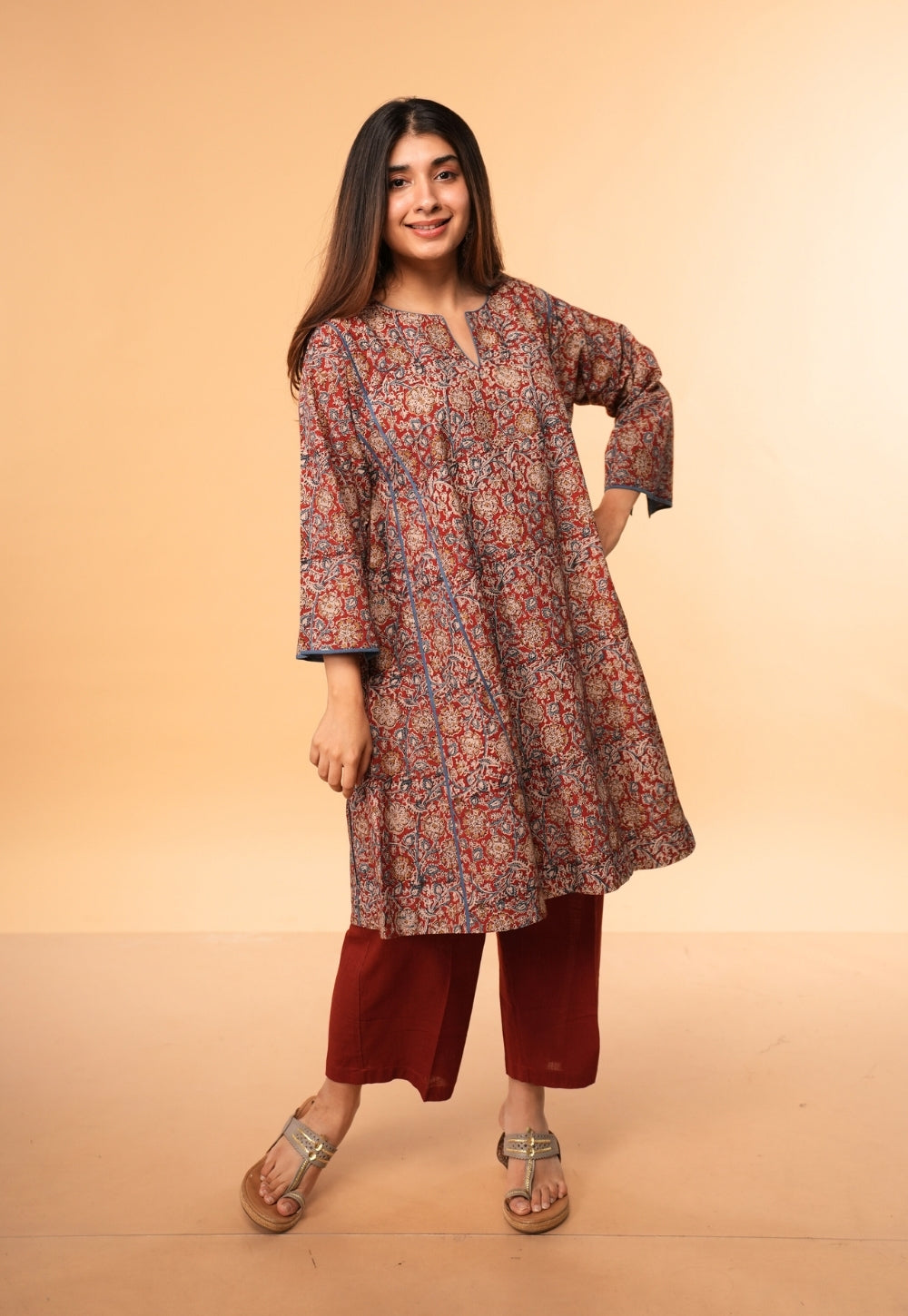Nargis Red Kalamkari Cotton Jhabbha Kali Kurta