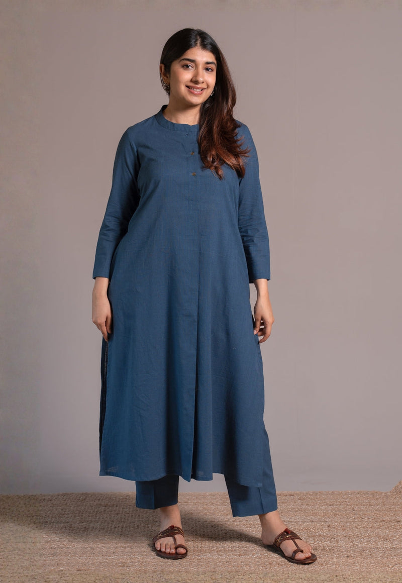 Indigo Solid Slub Cotton Straight Co-Ord Set- DyeVerse
