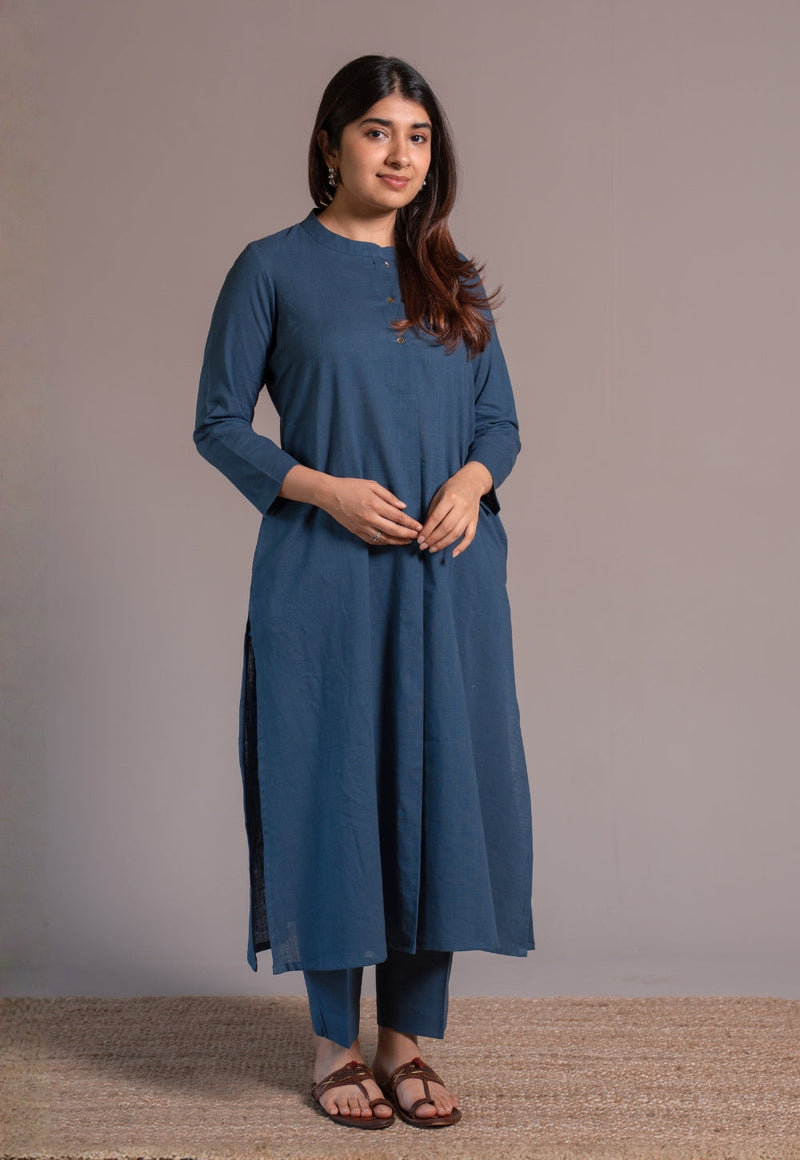 Indigo Solid Slub Cotton Straight Co-Ord Set- DyeVerse