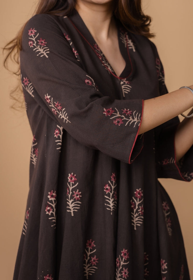 Amairaa Brown Dabu Slub Cotton A Line Kurta