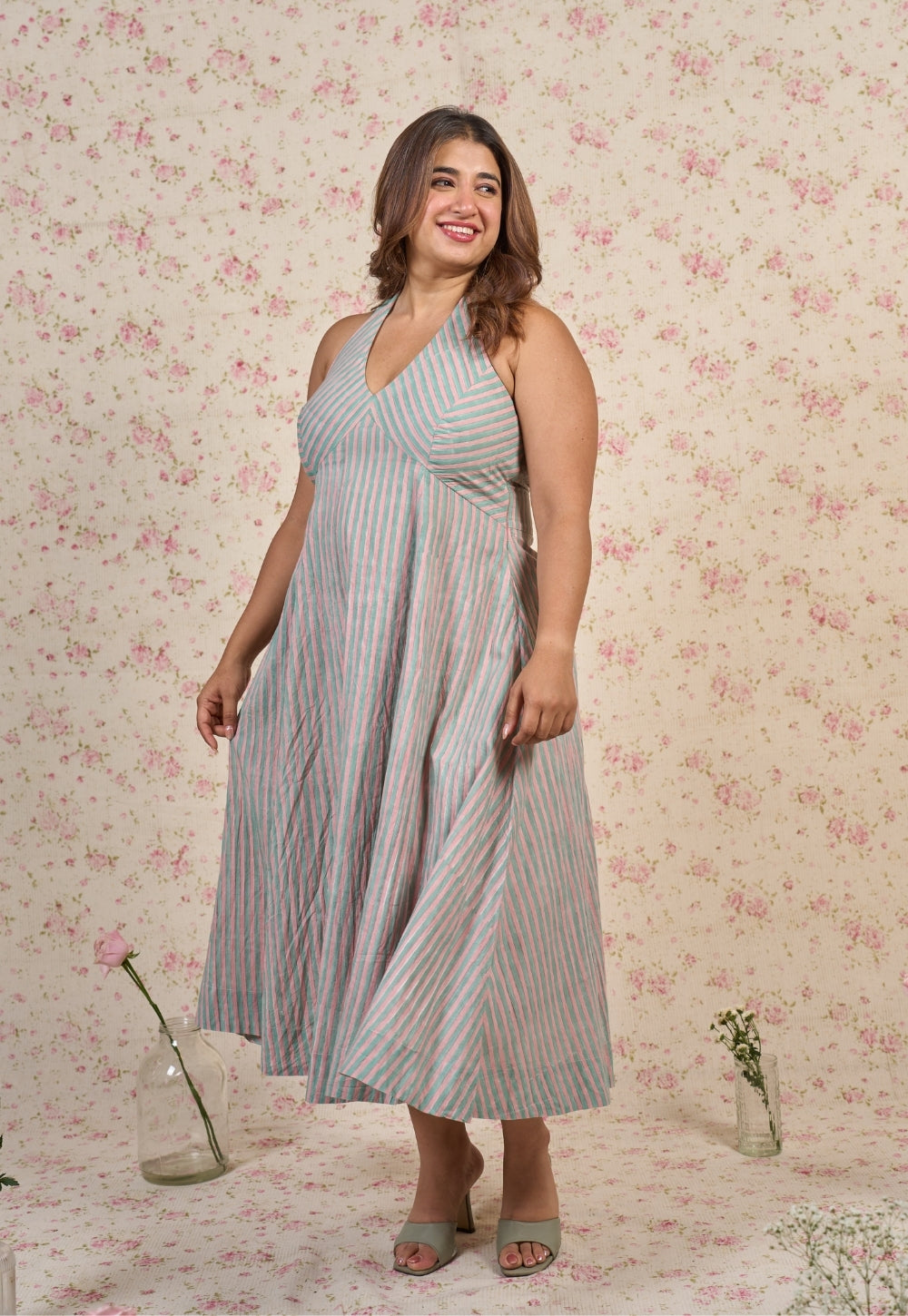 Ada Blue Stripes Sanganeri Mul Cotton A Line Dress