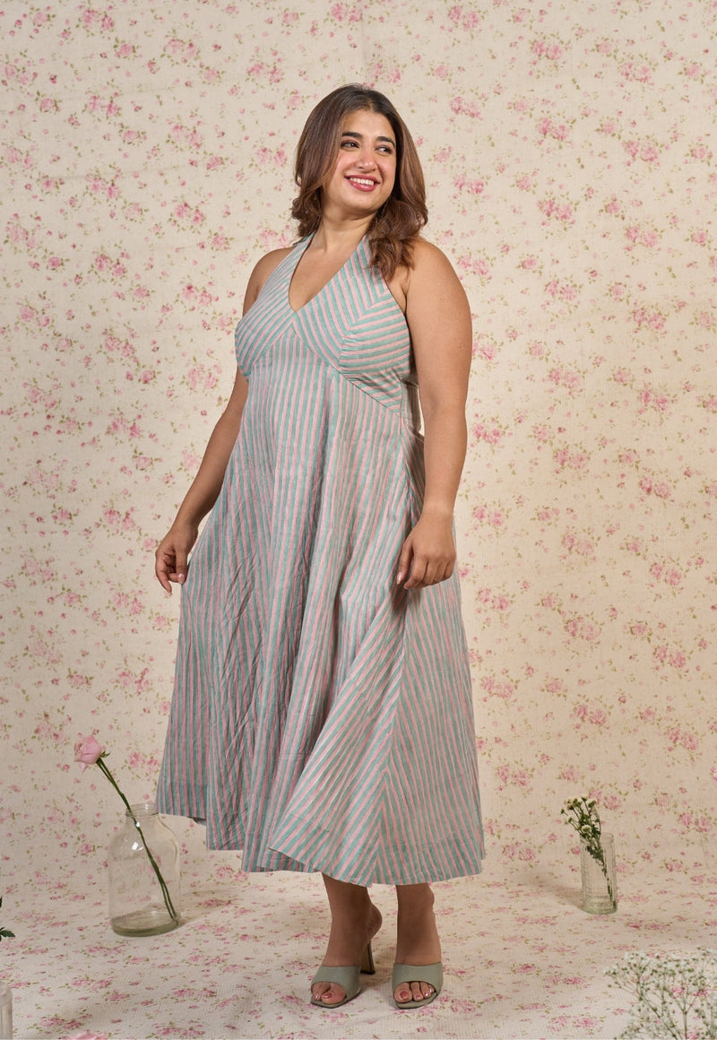 Ada Blue Stripes Sanganeri Mul Cotton A Line Dress