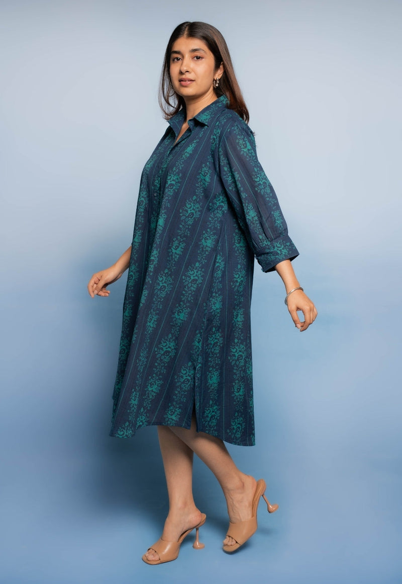 Ridah Blue Dabu Mul Cotton A Line Dress