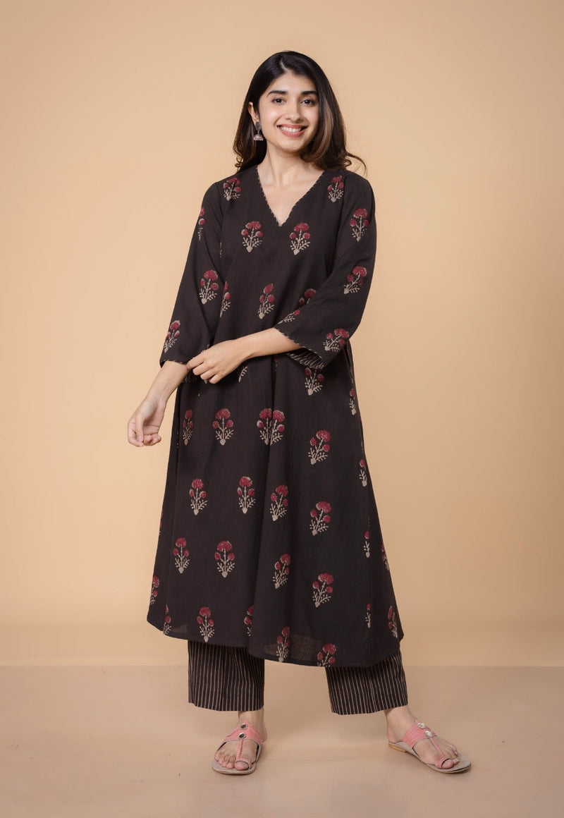 Shrusti Brown Dabu Slub Cotton A Line Kurta