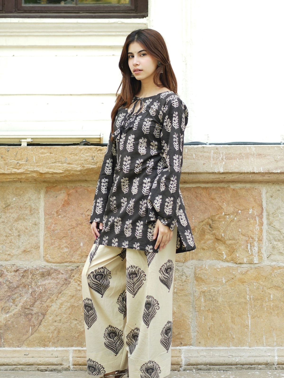 Farah Farshi Set for Women - Black & Beige Handblock Cotton Two Piece Set