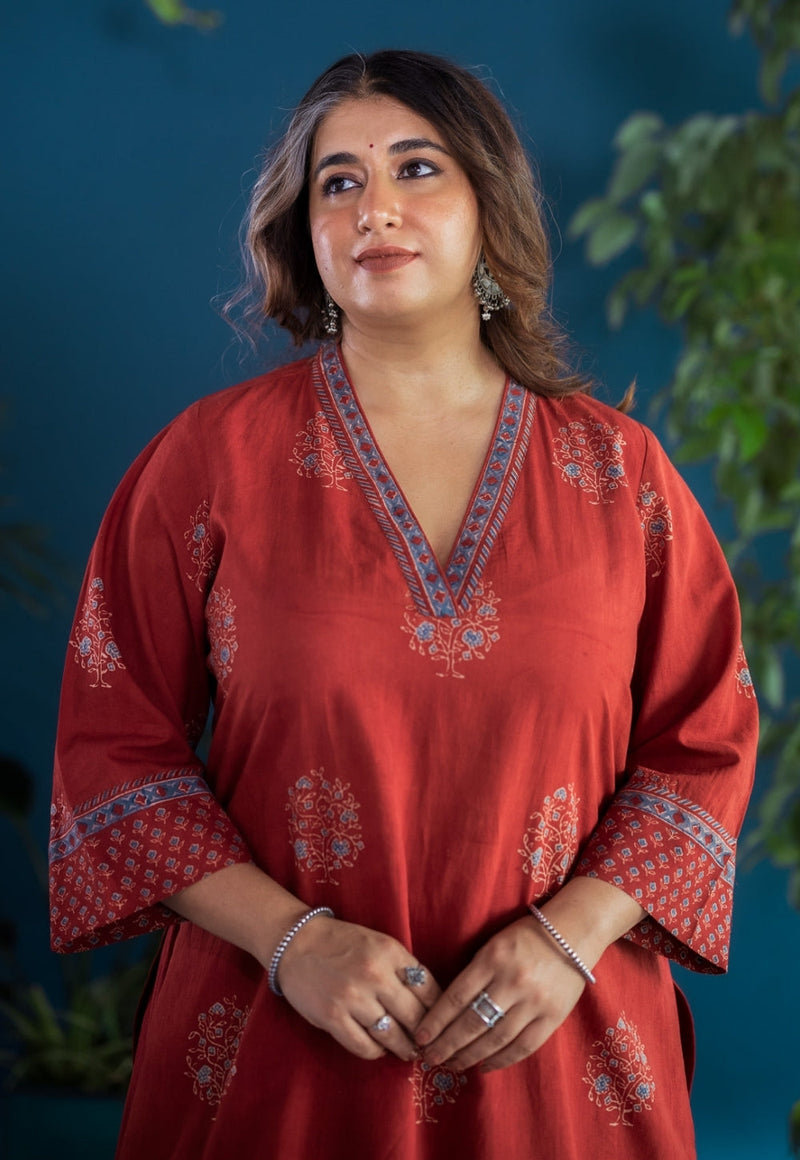 Zeenat Red Ajrakh Cotton Straight Kurta