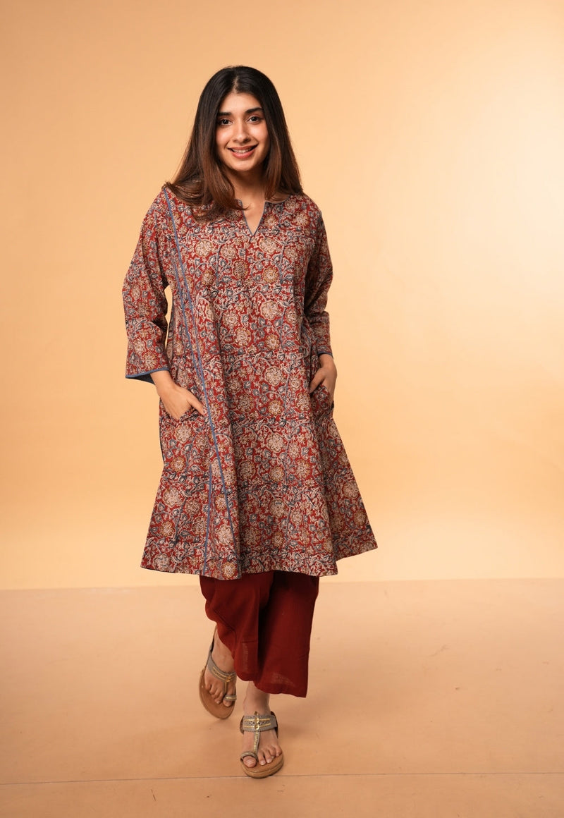 Nargis Red Kalamkari Cotton Jhabbha Kali Kurta