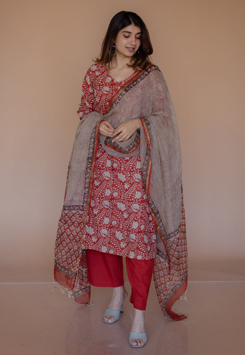 Aarushi Red Bagru Cotton Straight Kurta