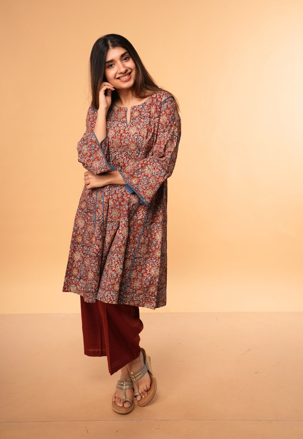 Nargis Red Kalamkari Cotton Jhabbha Kali Kurta