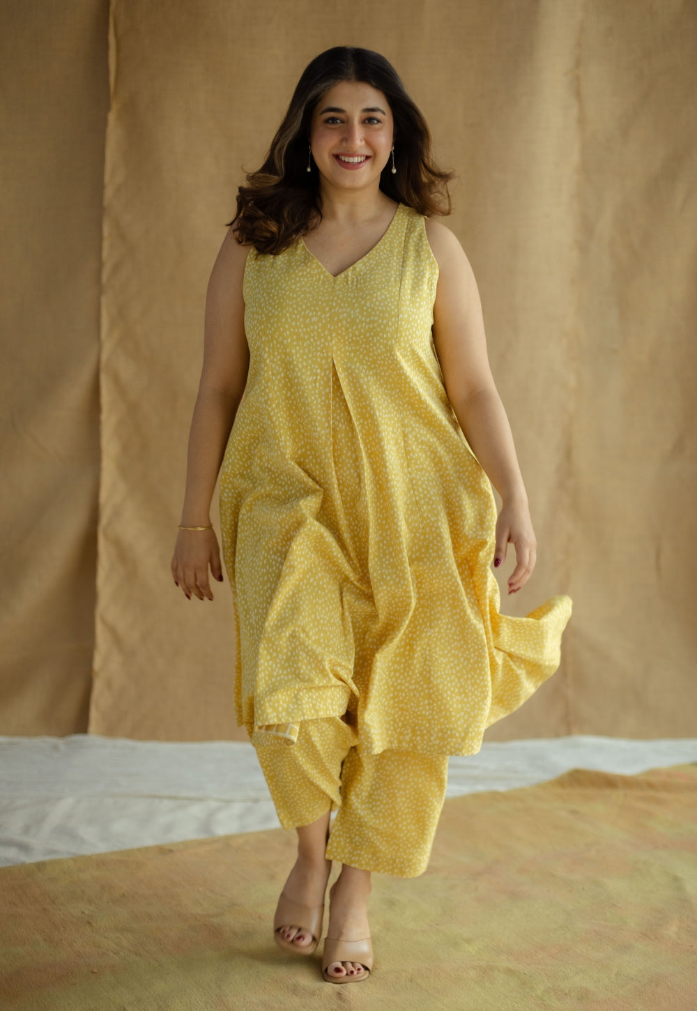 Aziza Mustard Hand Block Print Slub Cotton A Line Kurta