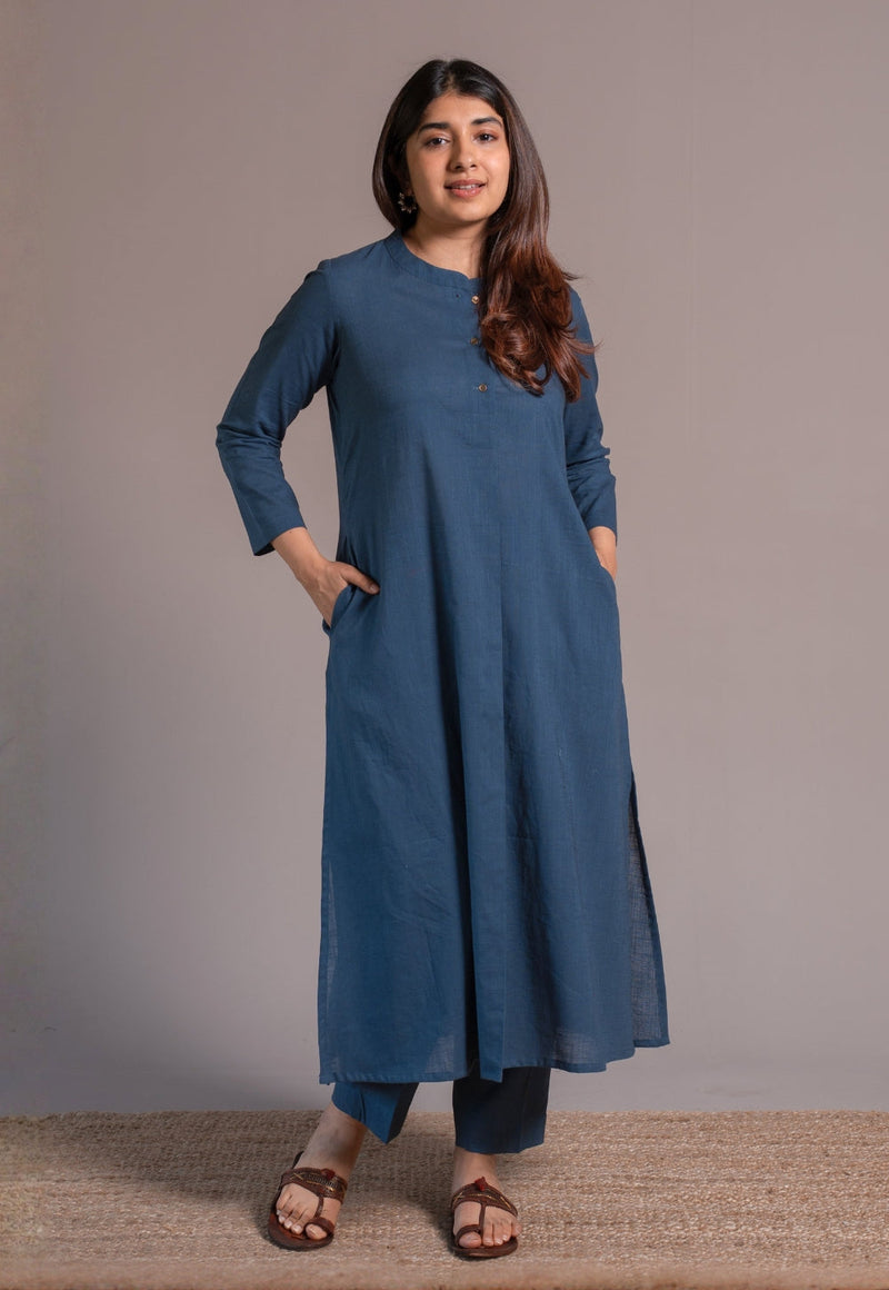 Indigo Solid Slub Cotton Straight Co-Ord Set- DyeVerse