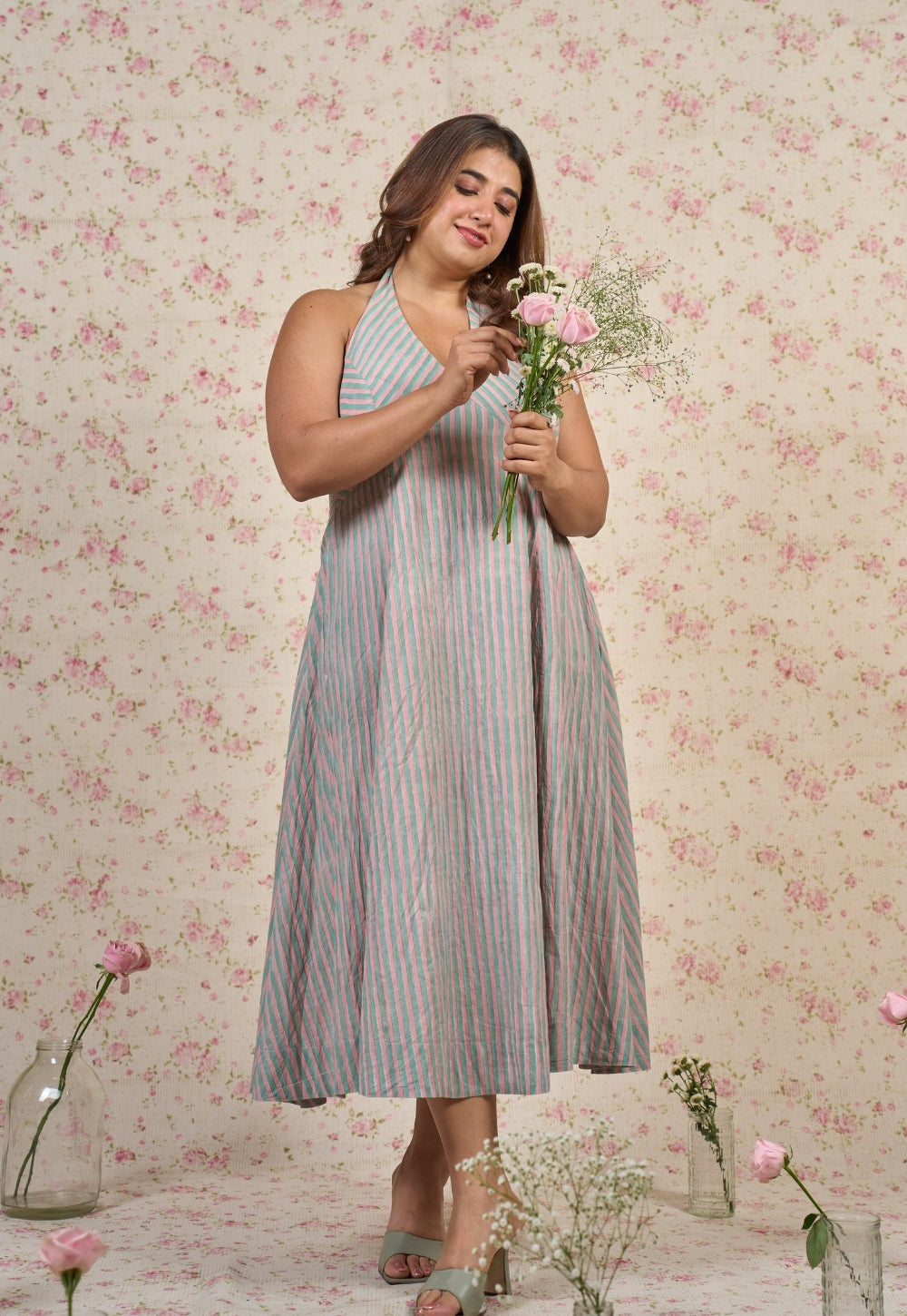 Ada Blue Stripes Sanganeri Mul Cotton A Line Dress