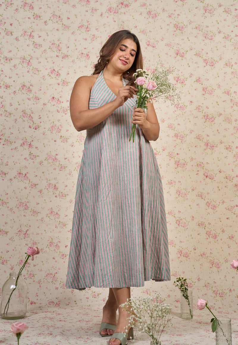 Ada Blue Stripes Sanganeri Mul Cotton A Line Dress