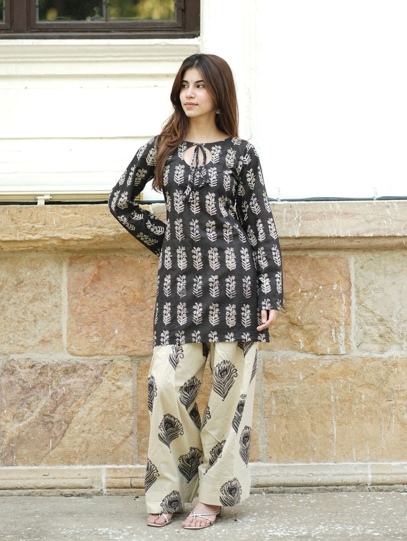 Farah Farshi Set for Women - Black & Beige Handblock Cotton Two Piece Set