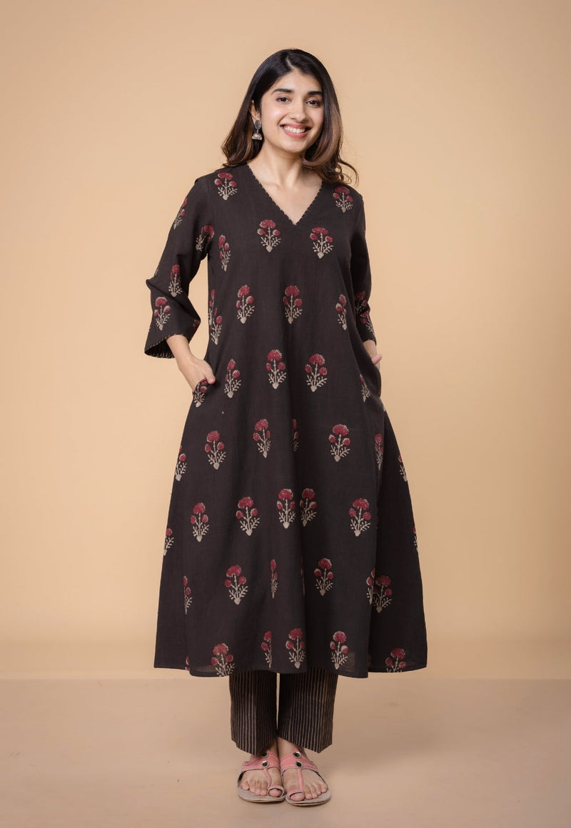 Shrusti Brown Dabu Slub Cotton A Line Kurta