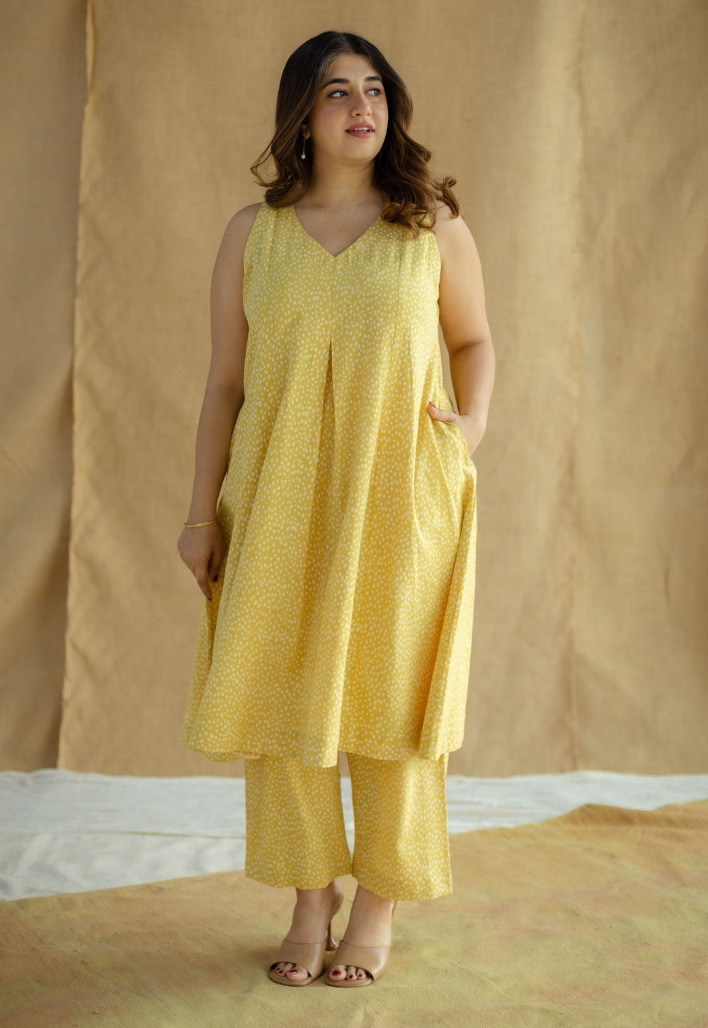 Aziza Mustard Hand Block Print Slub Cotton A Line Kurta