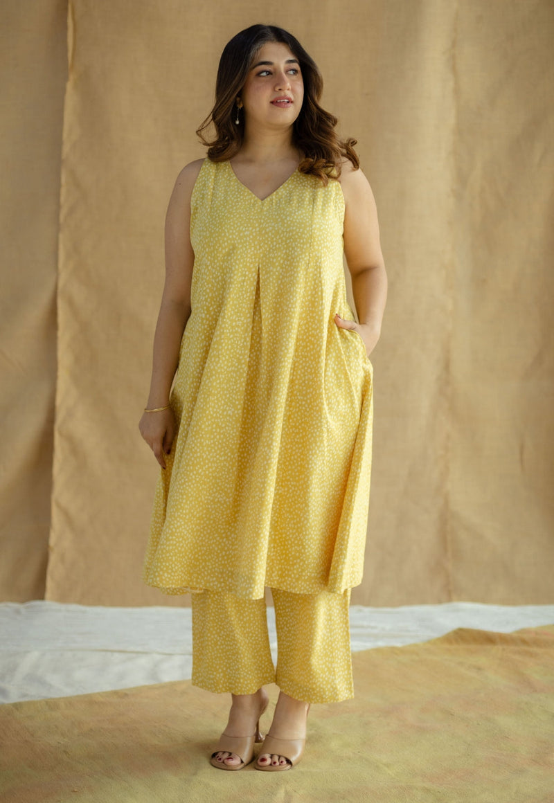 Aziza Mustard Hand Block Print Slub Cotton A Line Kurta