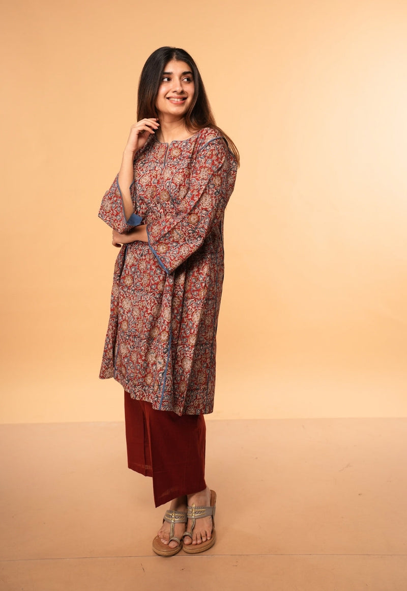Nargis Red Kalamkari Cotton Jhabbha Kali Kurta