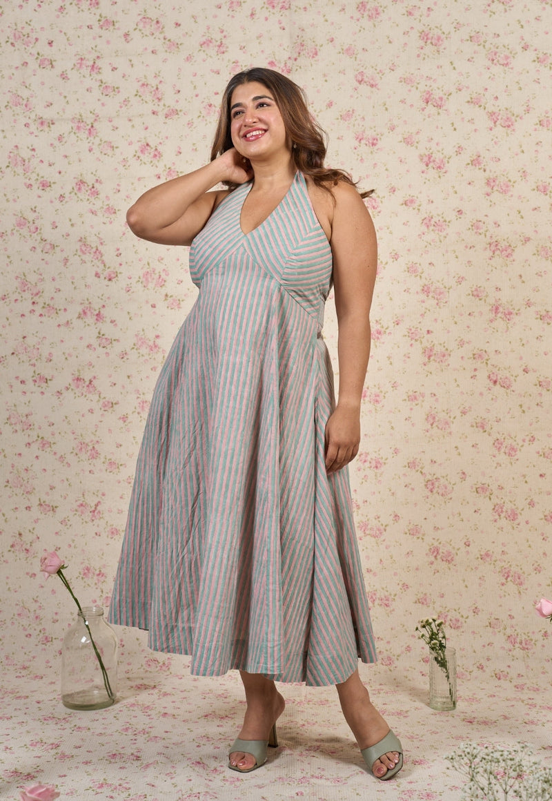 Ada Blue Stripes Sanganeri Mul Cotton A Line Dress