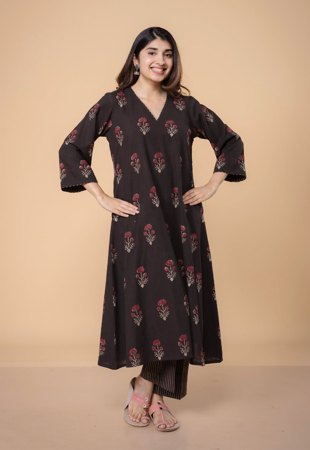 Shrusti Brown Dabu Slub Cotton A Line Kurta