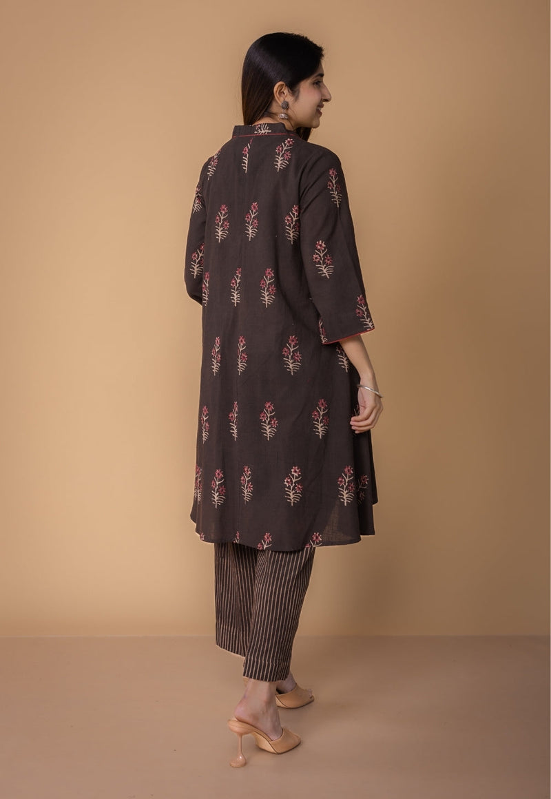 Amairaa Brown Dabu Slub Cotton A Line Kurta