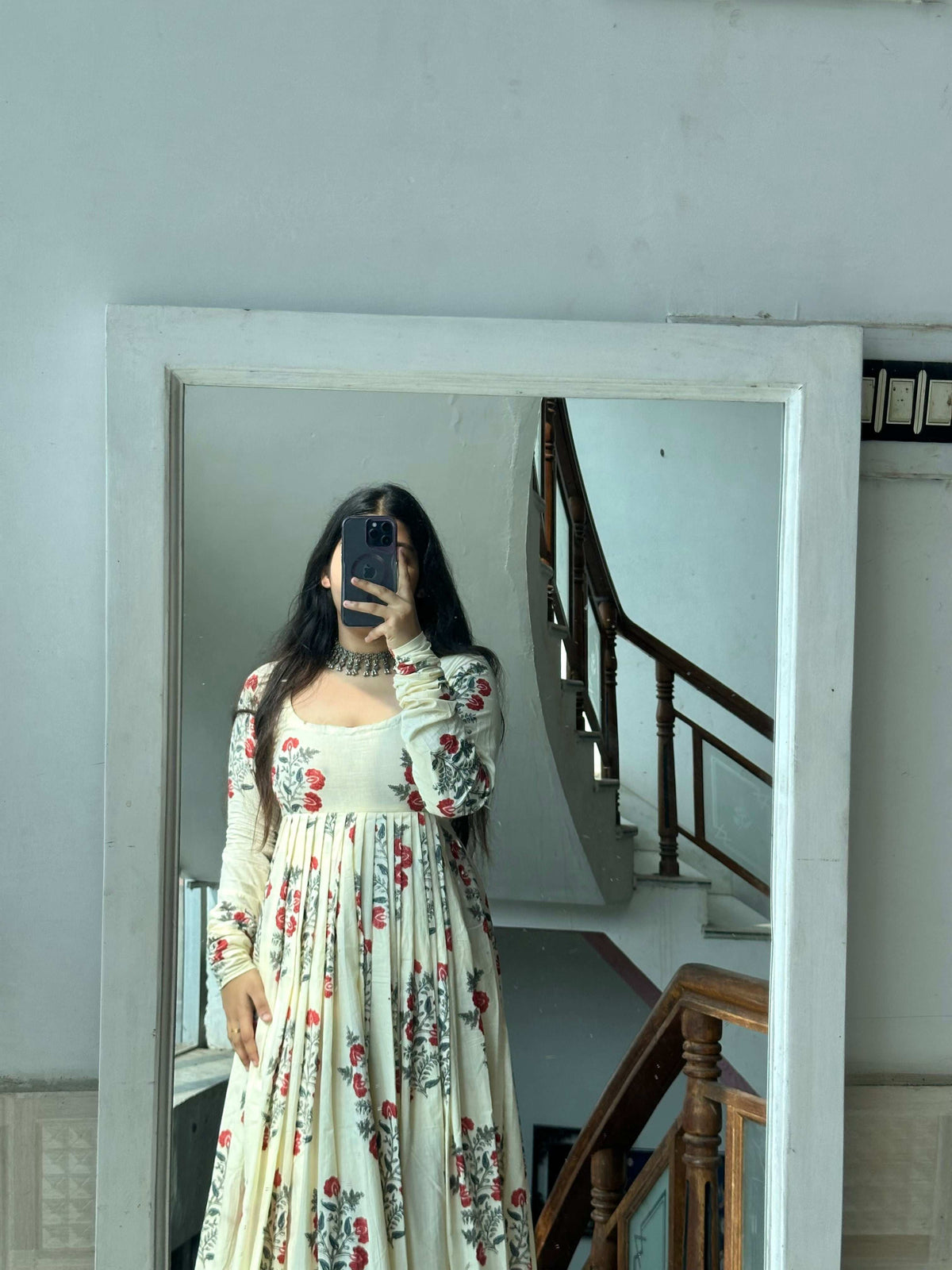 Beige Cotton Printed Reem Gher Kameez