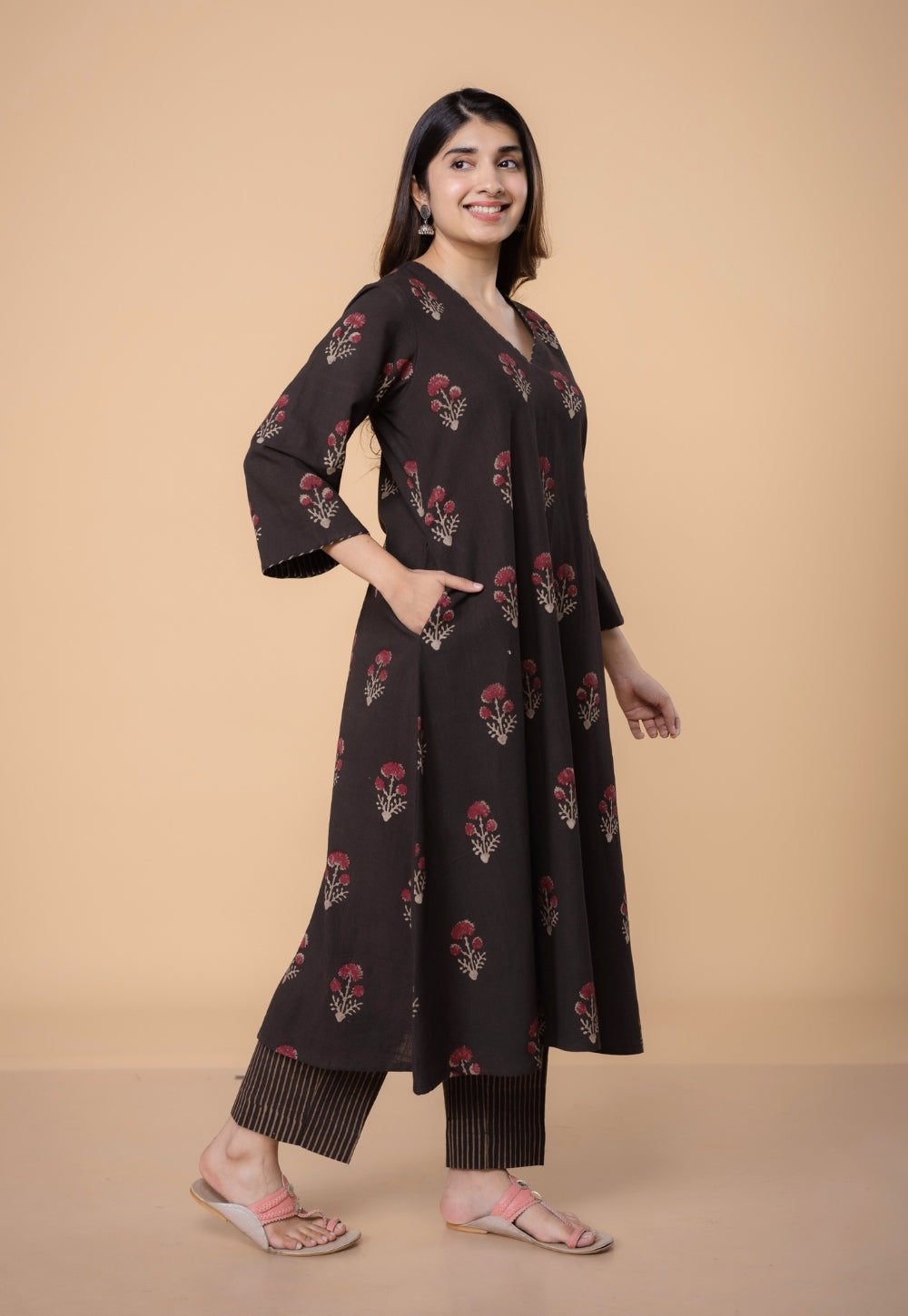 Shrusti Brown Dabu Slub Cotton A Line Kurta