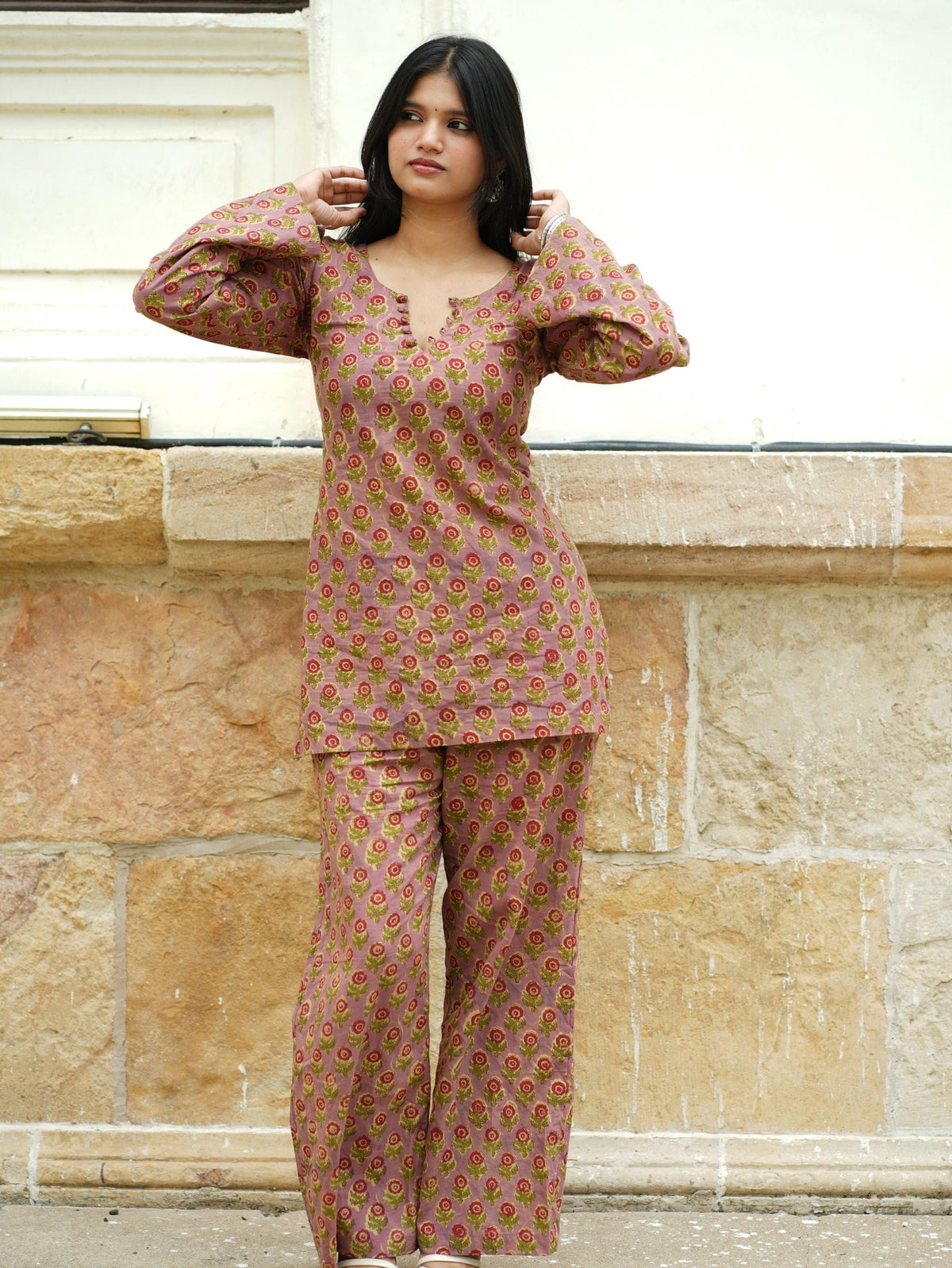 Nimmi Co-ord Set for Women - Pink Cotton Two Piece Kurta Palazzo Set