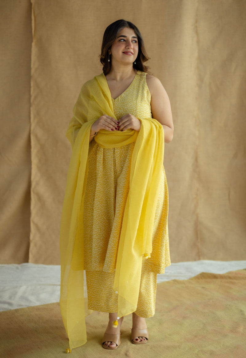 Aziza Mustard Hand Block Print Slub Cotton A Line Kurta