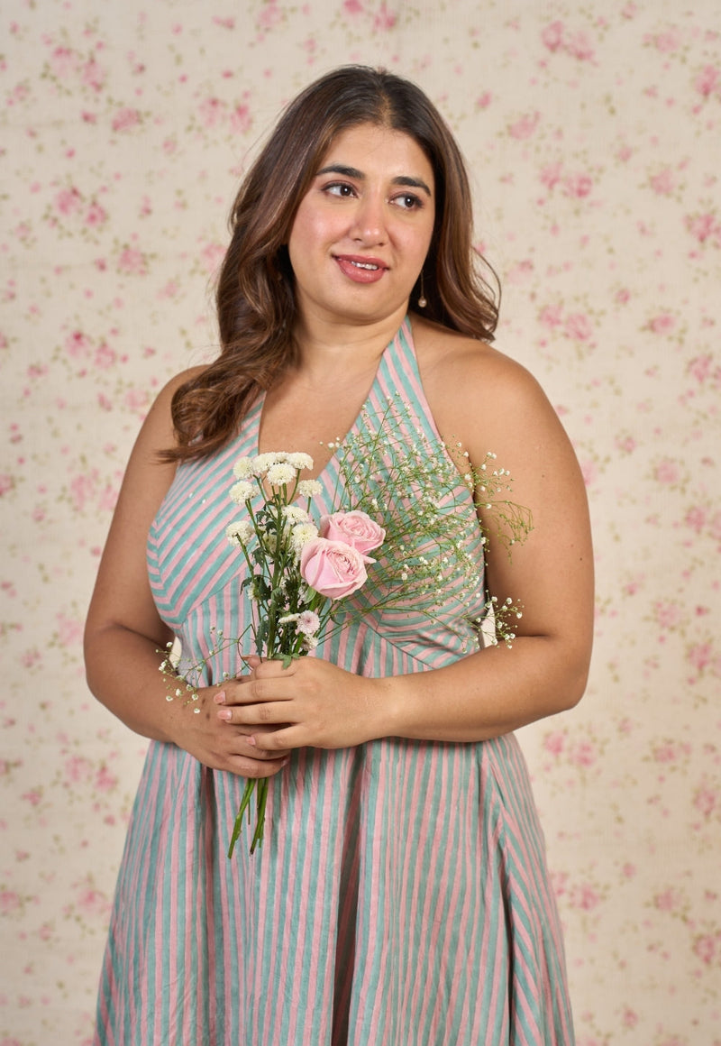 Ada Blue Stripes Sanganeri Mul Cotton A Line Dress