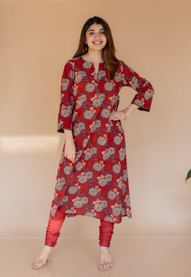 Miral Red Solid Slub Cotton Churidar
