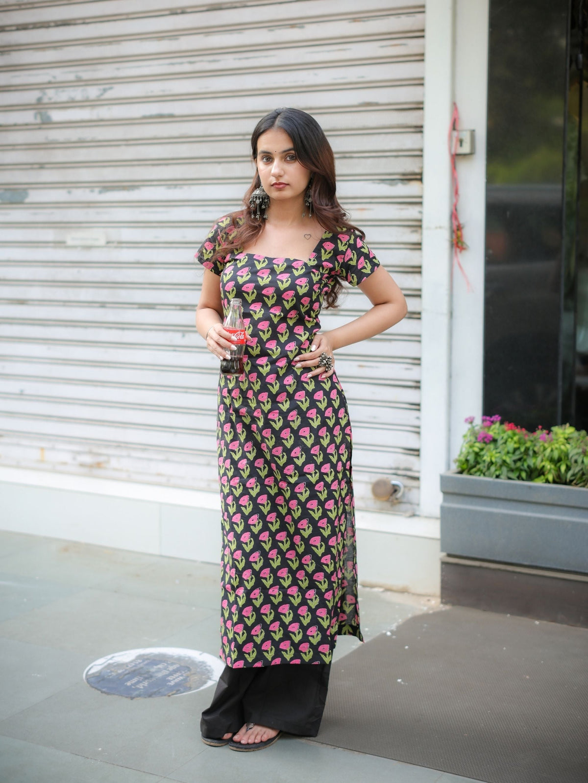 Bougain Veli Black Floral Long Kurta for Women