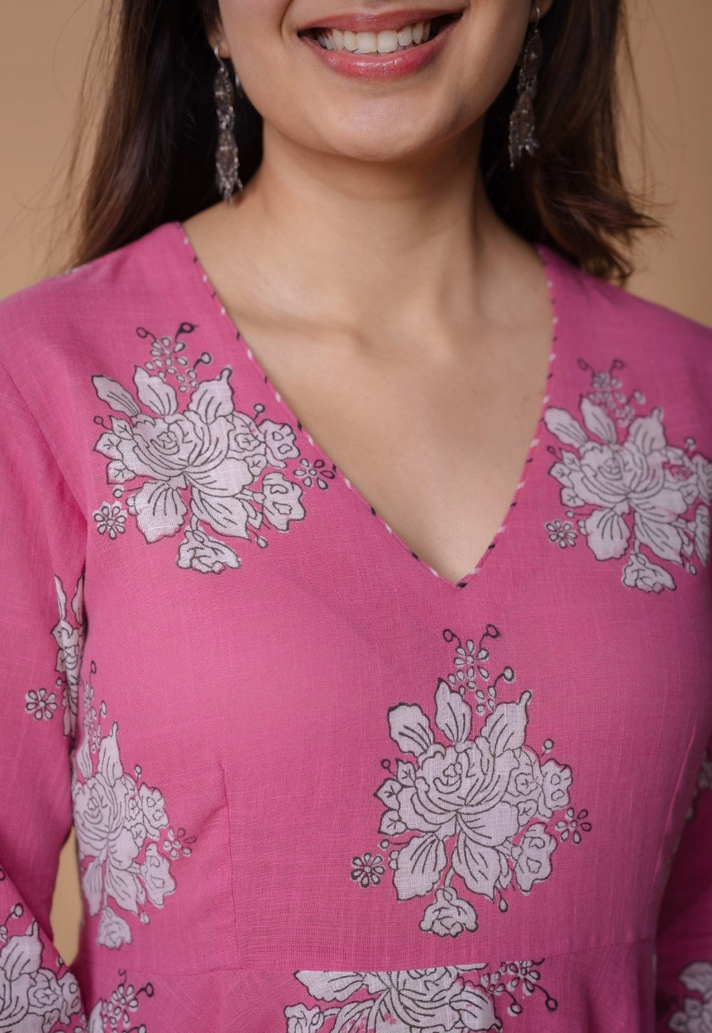 Ruvika Pink Dabu Slub Cotton A Line Kurta
