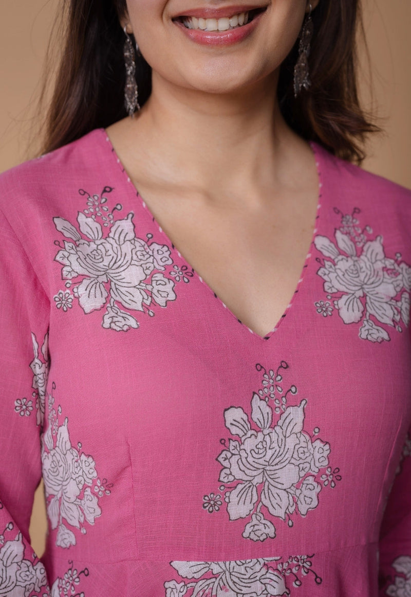 Ruvika Pink Dabu Slub Cotton A Line Kurta