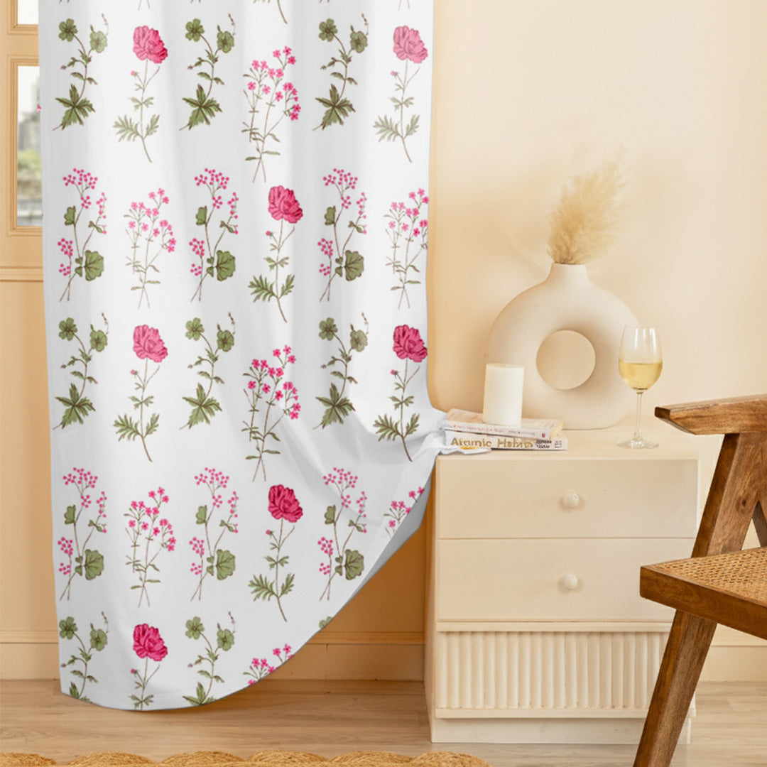 Pink Floral Printed Rod Pocket Duck Curtain-3
