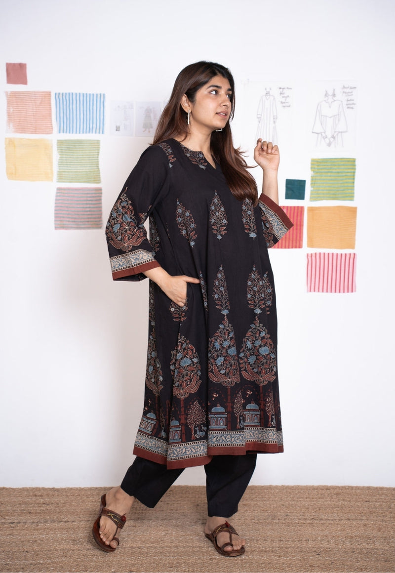 Prisha Black Ajrakh Cotton kali Kurta