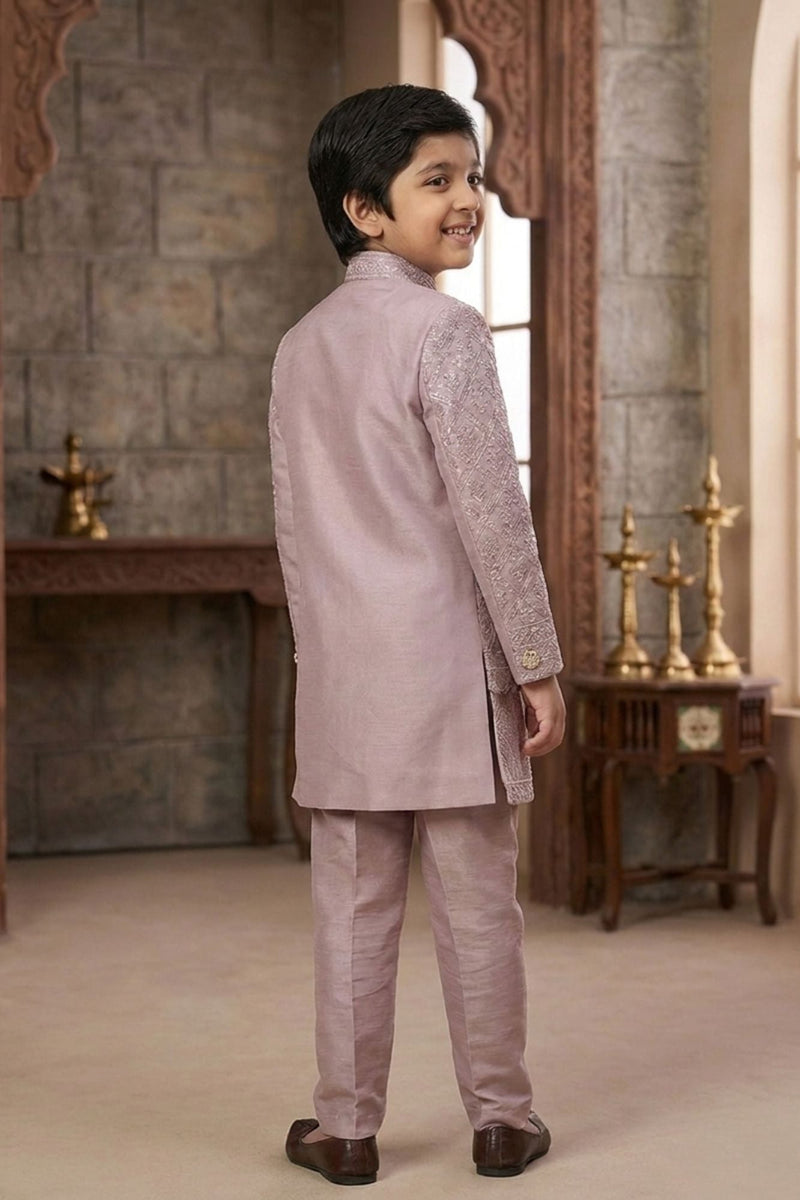 Lavender Embroidered Indo Western Sherwani Set For Boys