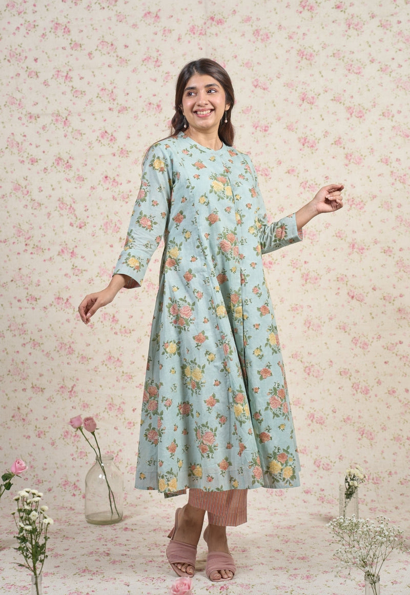 Emma Blue Sanganeri Slub Cotton Kali Kurta