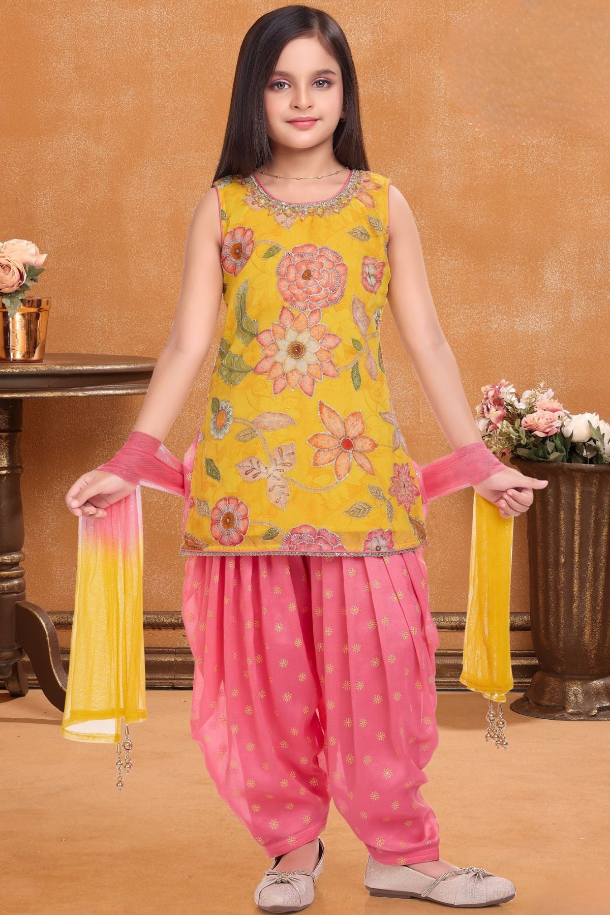Girls Yellow Floral Embroidered Kurti With Pink Patiala And Dupatta Set