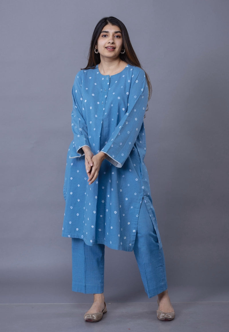 Kaaya Blue Bandhani Cotton Straight Kurta