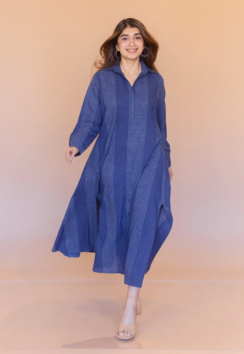 Trusha Blue Dabu Cotton A Line Dress