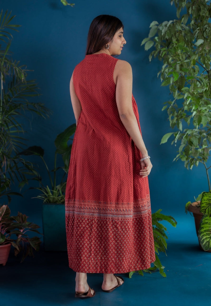 Zivaa Red Ajrakh Cotton A Line Dress
